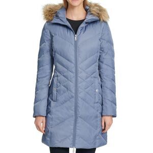 Kenneth Cole Reaction Gray Blue Quilted Faux Fur Hooded Jacket